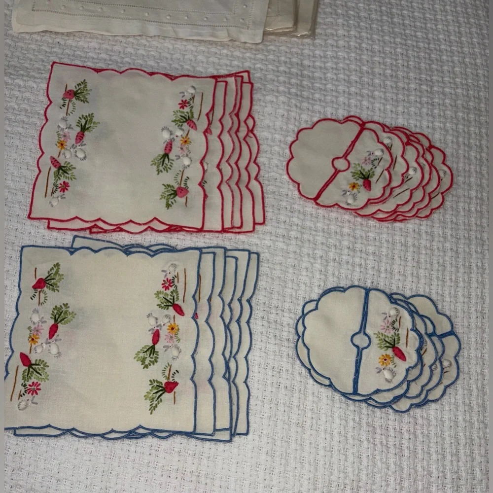 HUGE LOT 68 pcs Vintage Embroidered Table Linens Napkins Drink Coasters Madeira